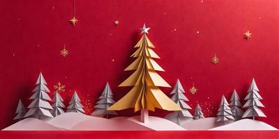 The primary subject of the image is a paper cutout of a Christmas tree. The tree is placed on a red background, which adds a festive touch to the scene. The visual style of the image is a combination of digital art and illustration, as the paper cutout is skillfully crafted to resemble a real tree. The colors and mood of the image are predominantly red and gold, which are associated with the holiday season.